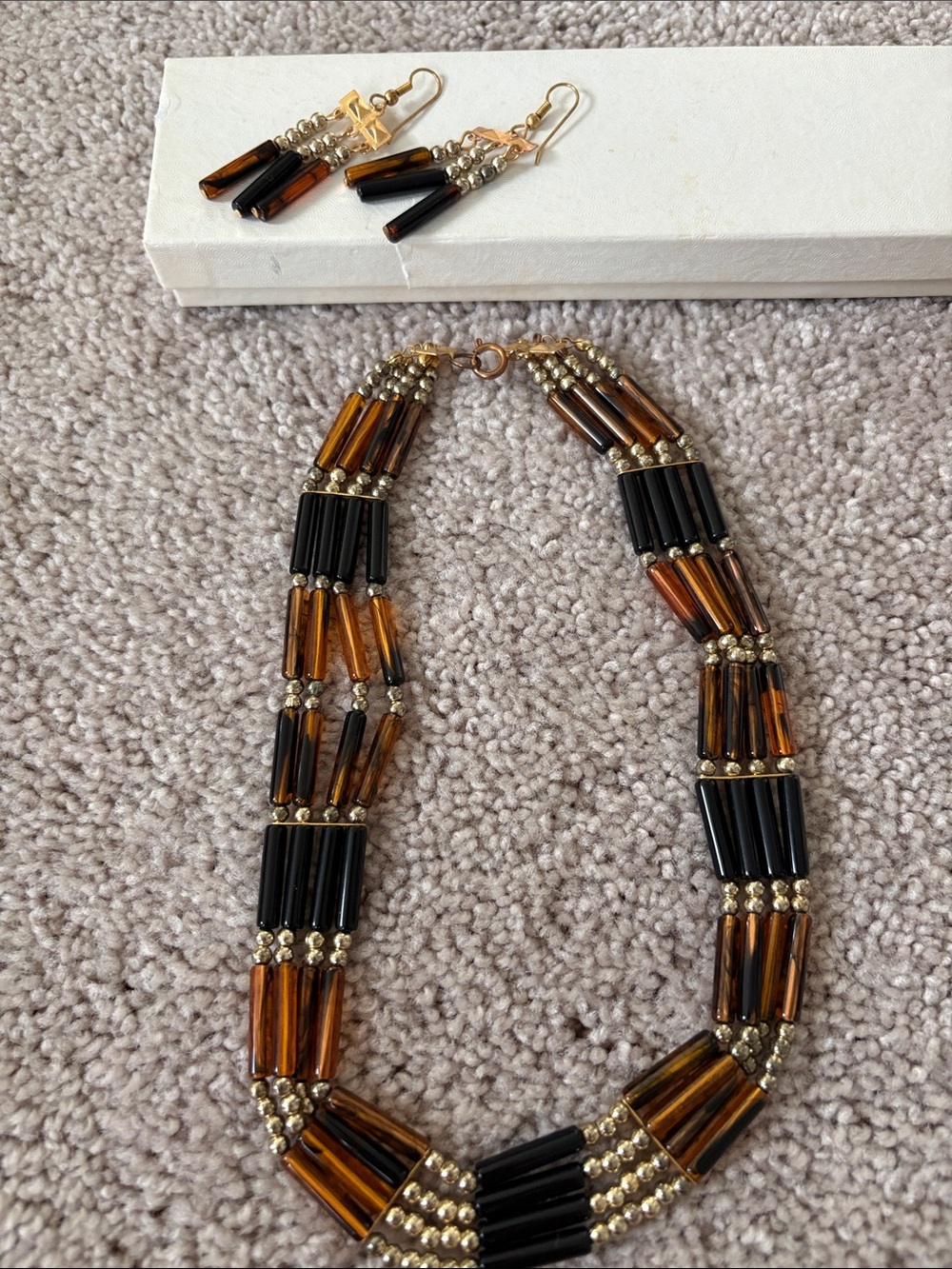 Vintage Gold, Amber & Black Bead Multi-Strand Necklace with Matching Earrings